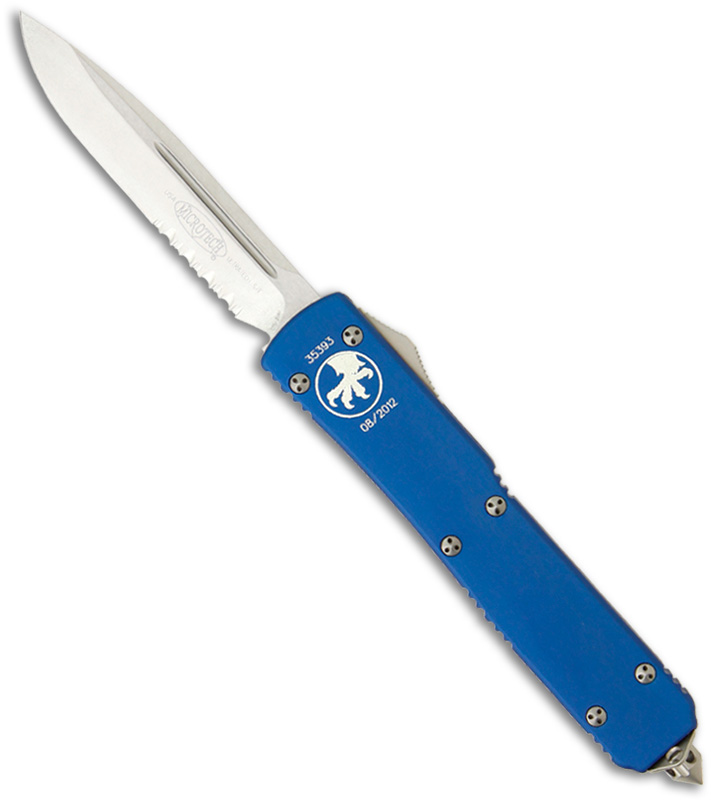 Blue Microtech Ultratech Out the front knife with stonewashed serrated blade @ BladeHQ.com